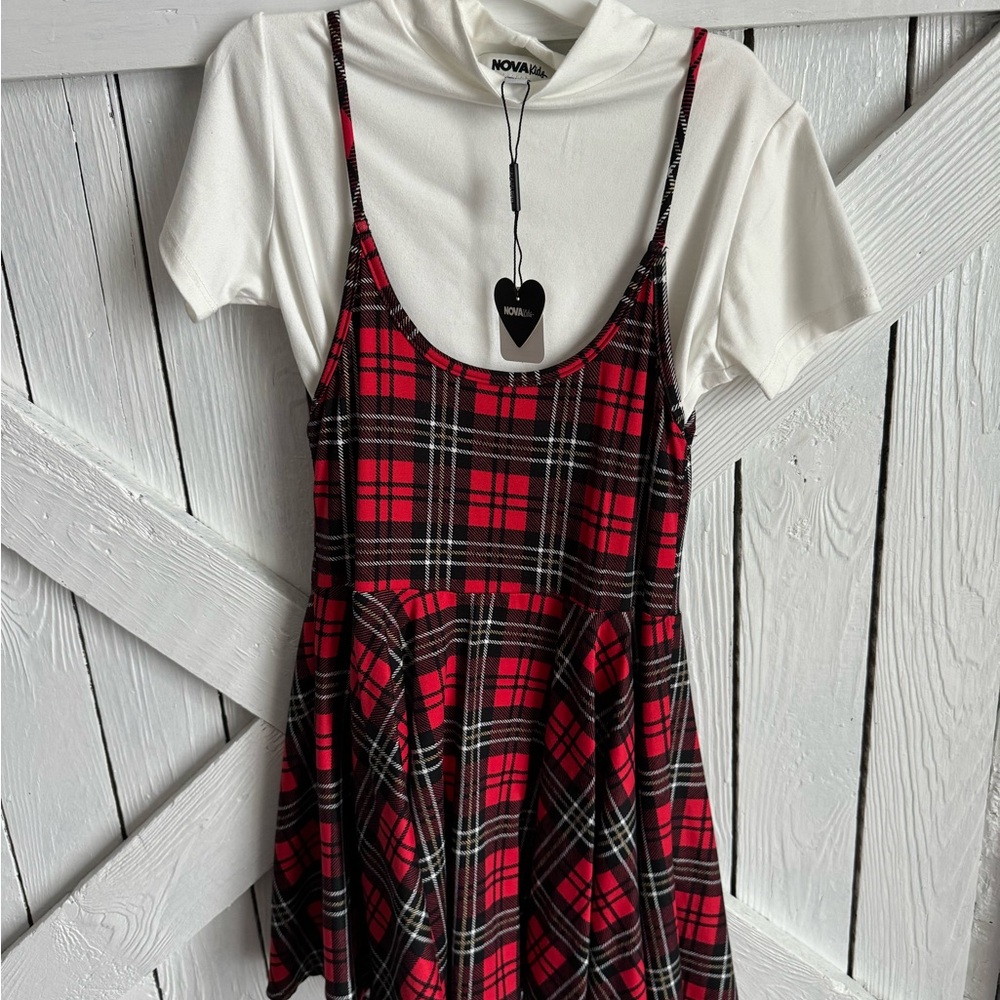 NWT Fashion Nova Kids Red and Black Plaid Suspender Skirt and Shirt Set Size 10